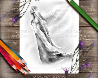 Digital Download Coloring Pages / Angel Coloring Pages / Angel / Wings / Grayscale / Adult Coloring Page / Coloring Page / Fantasy Art / PDF