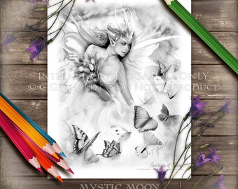 Digital Download Coloring Page / Spring Fairy Queen Coloring Pages / Greyscale / Adult Coloring / Grayscale Coloring / Fairy Art / Fantasy