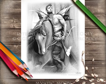 Digital Download Coloring Page / Fairy Coloring Pages / Warrior / Man Fairy / Grayscale / Horse Coloring Page / Fantasy Art / Male / PDF