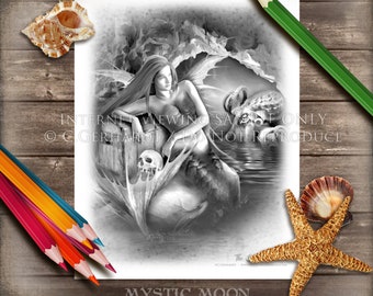 Digital Download Coloring Pages / Mermaid Coloring Pages / Kracken / Grayscale / Adult Coloring Page / Coloring Page / Fantasy Art / PDF