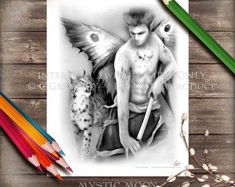 Digital Download Coloring Page / Fairy Coloring Pages / Warrior / Man Fairy / Grayscale / Coloring Page / Fantasy Art / Male / Lynx / PDF