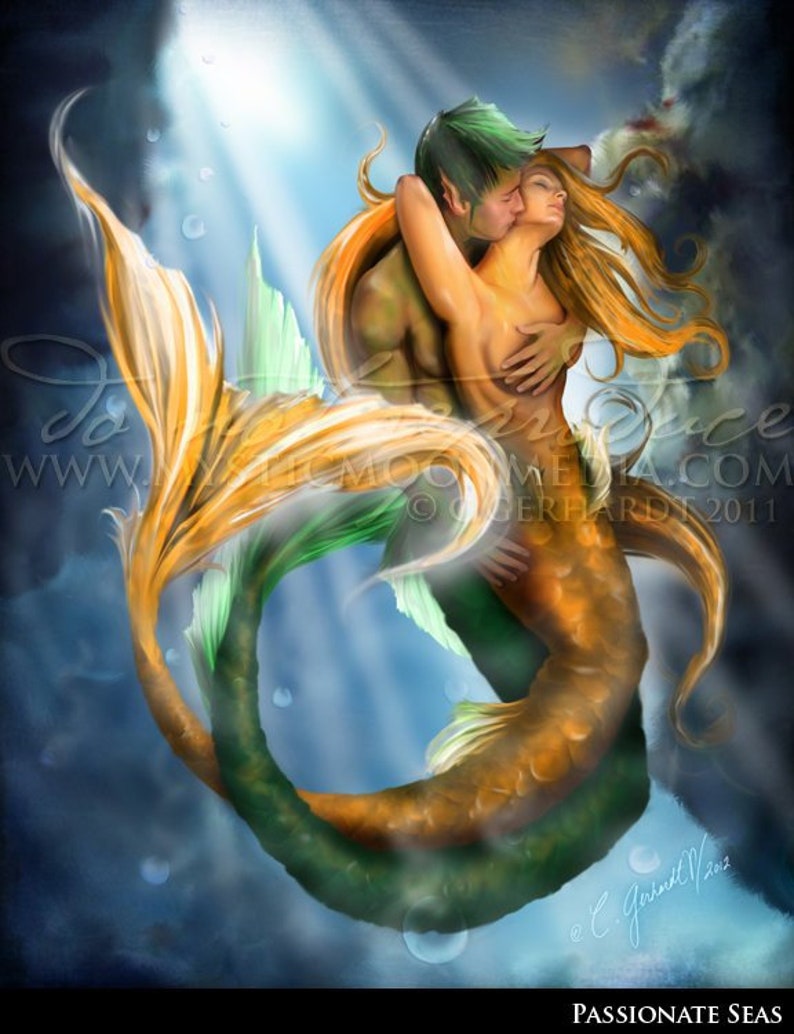 Passionate Seas / Mermaid Art / Fantasy Art / Fantasy Painting / Print / Mermaid / Mythology / Bathroom Decor / Tail / Lovers image 1