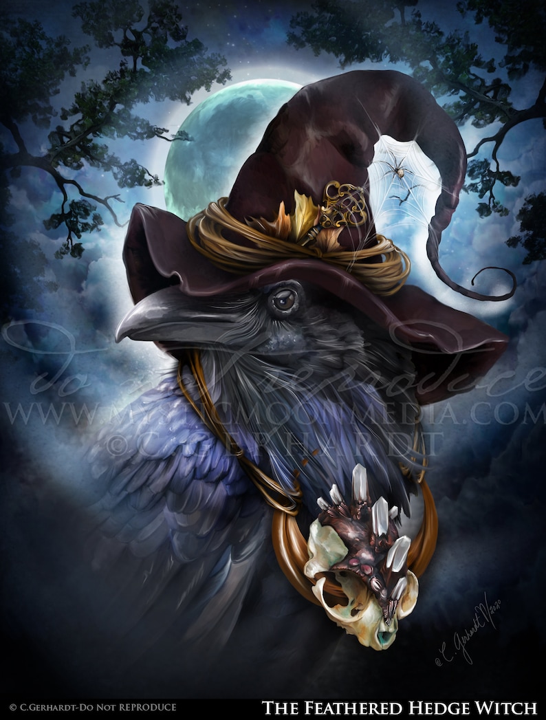 The Feathered Hedge Witch Pagan Art Fantasy Art Raven Pagan Altar Decor Witchy Decor Wicca Wiccan Art Witch Hat
