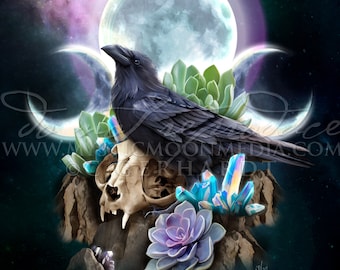 Triad Guide / Raven Art Poster / Wiccan Altar / Wiccan Art / Pagan / Triple Goddess / Triple Moon / Witch / Witchcraft / Skull Art
