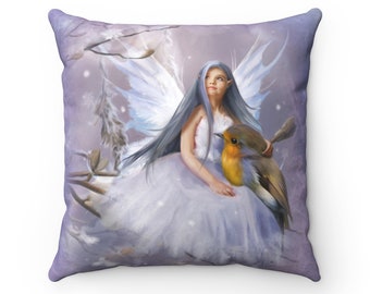 Snow Drop / Throw Pillow / Nursery Decor  / Fairy Garden / Little Girl Fairy / Fairy Art / Fantasy Art / Robin