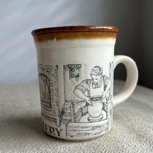 May include: Cream ceramic mug with a brown rim and handle. The mug has a black and white illustration of a potter at work, with the word "POTTERY" at the base of the design. The mug is on a neutral-coloured surface.