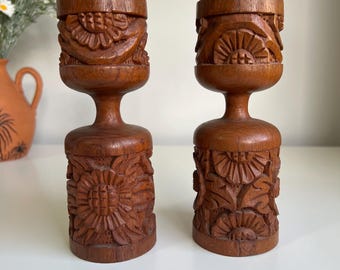 Vintage Wooden Candle Holder Pair - Floral Boho Decor