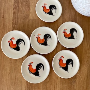 Vintage Ceramic Coaster Plate Set of 6 with hand painted Rooster design.