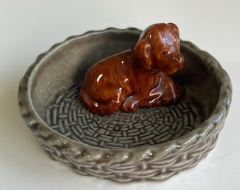 Vintage Dog in Basket Figurine, Vintage Wade Whimsies English Porcelain Trinket Dish