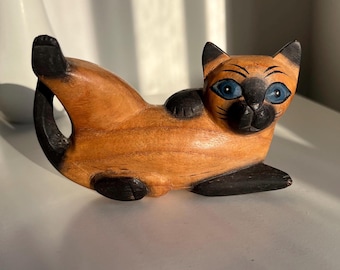 Vintage Wooden Siamese Cat Figurines, Blue eyes mid century cat decor