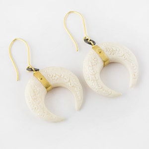 Golden horn earrings, carved bone and gold earrings