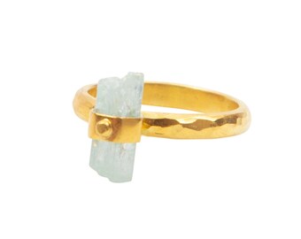 Rough aquamarine ring, aquamarine and vermeil ring