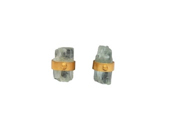 Aquamarine studs, aquamarine and gold earrings, rough aquamarine