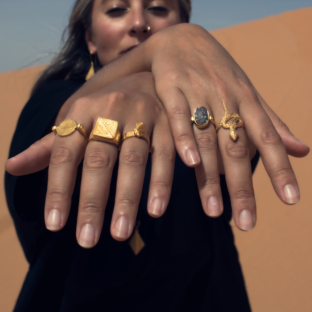 22k Gold Vermeil Square Ring: African Tribal Carved Design