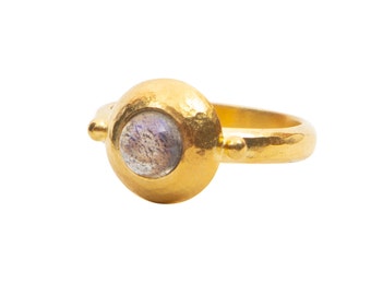 Labradorite Cabochon Ring: 22k Gold Vermeil Hammered Setting