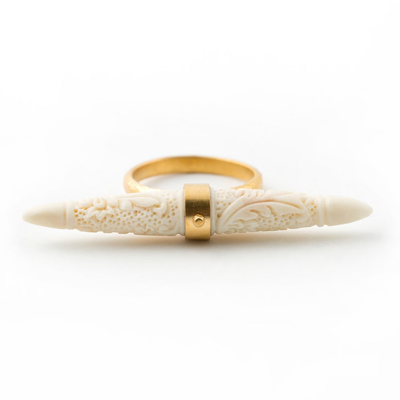 antler hand carved bullet ring, Bali jewelry, Bali ring in gold image 1