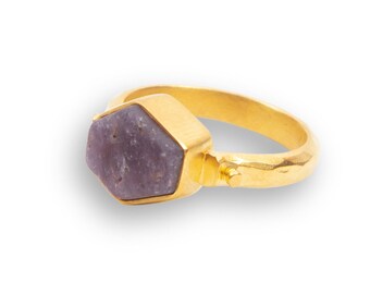 Hexagonal Rough Ruby Ring: 22k Gold Vermeil Statement Ring