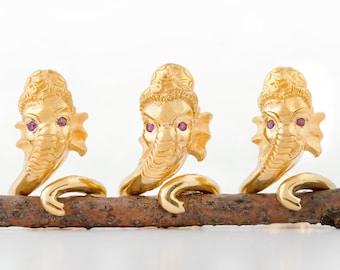 Ganesha 22k gold plated ring, ruby eyes, Hindu elephant God, adjustable statement piece