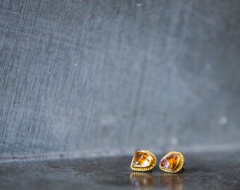 Raw Citrine Studs: 22k Gold Vermeil Earrings