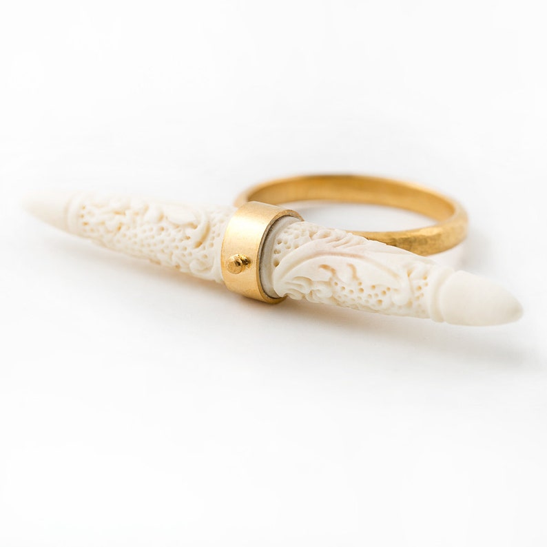 antler hand carved bullet ring, Bali jewelry, Bali ring in gold image 2