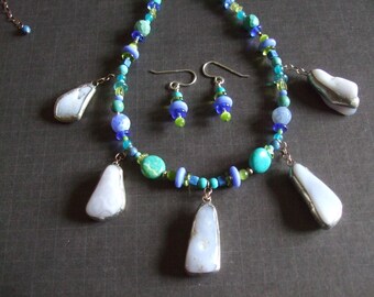 Ocean Inspiration Blue Lace Agate Drop Necklace w/ Earrings Turquoise, Peridot & Lapis