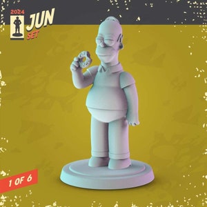 May include: A white 3D printed figurine of Homer Simpson from The Simpsons, holding a donut in his left hand. The figurine is standing on a round base. The background is a yellow and gray textured surface with the text "2024 JUN SET" and "1 OF 6".