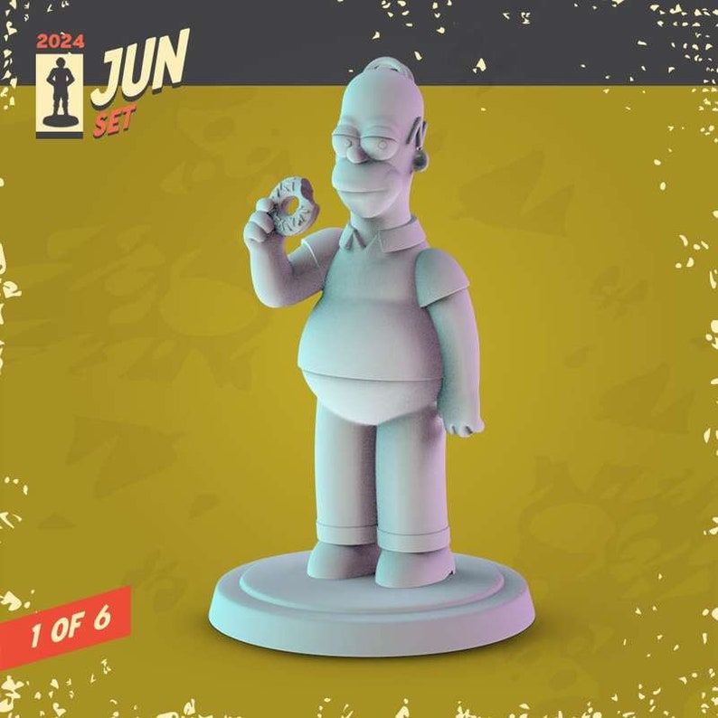 May include: A white 3D printed figurine of Homer Simpson from The Simpsons, holding a donut in his left hand. The figurine is standing on a round base. The background is a yellow and gray textured surface with the text "2024 JUN SET" and "1 OF 6".