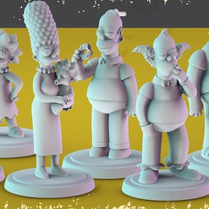 May include: A set of six 3D printed figurines of characters from the Simpsons, including Bart, Lisa, Marge, Homer, Krusty the Clown, and Barney. The figurines are pre-supported and come with 6 STL files.