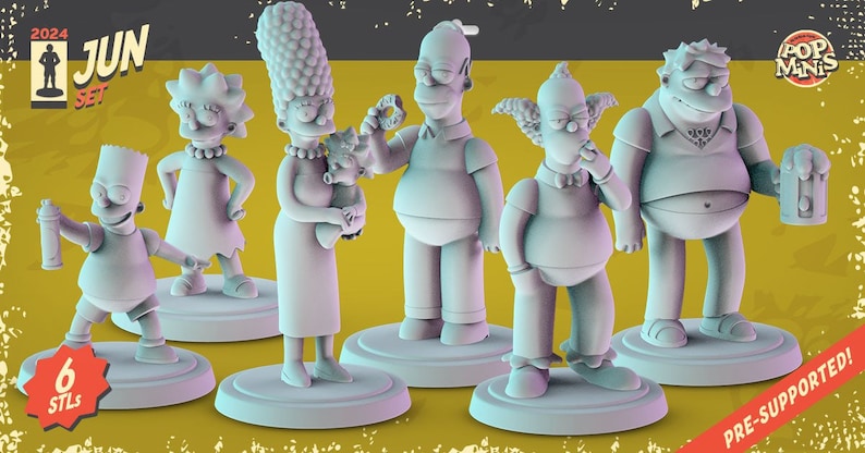May include: A set of six 3D printed figurines of characters from the Simpsons, including Bart, Lisa, Marge, Homer, Krusty the Clown, and Barney. The figurines are pre-supported and come with 6 STL files.