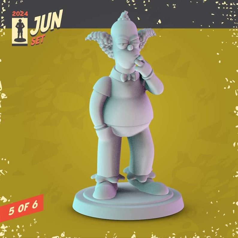 May include: A light blue figurine of a cartoon character with yellow hair, a red nose, and a bow tie. The character is standing on a round base with the text "5 of 6" on the front. The figurine is part of a 2024 Jun Set.