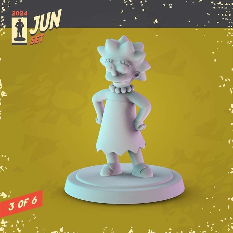 May include: A white 3D printed figurine of a cartoon character with yellow hair, a blue dress, and a necklace. The figurine is standing on a round base. The text "3 of 6" is visible in the lower left corner of the image.