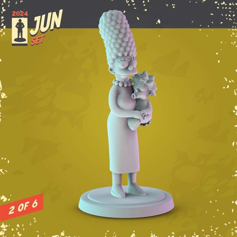 May include: A white 3D printed figurine of Marge Simpson from The Simpsons holding a smaller figurine of Maggie Simpson. The figurines are on a white base.