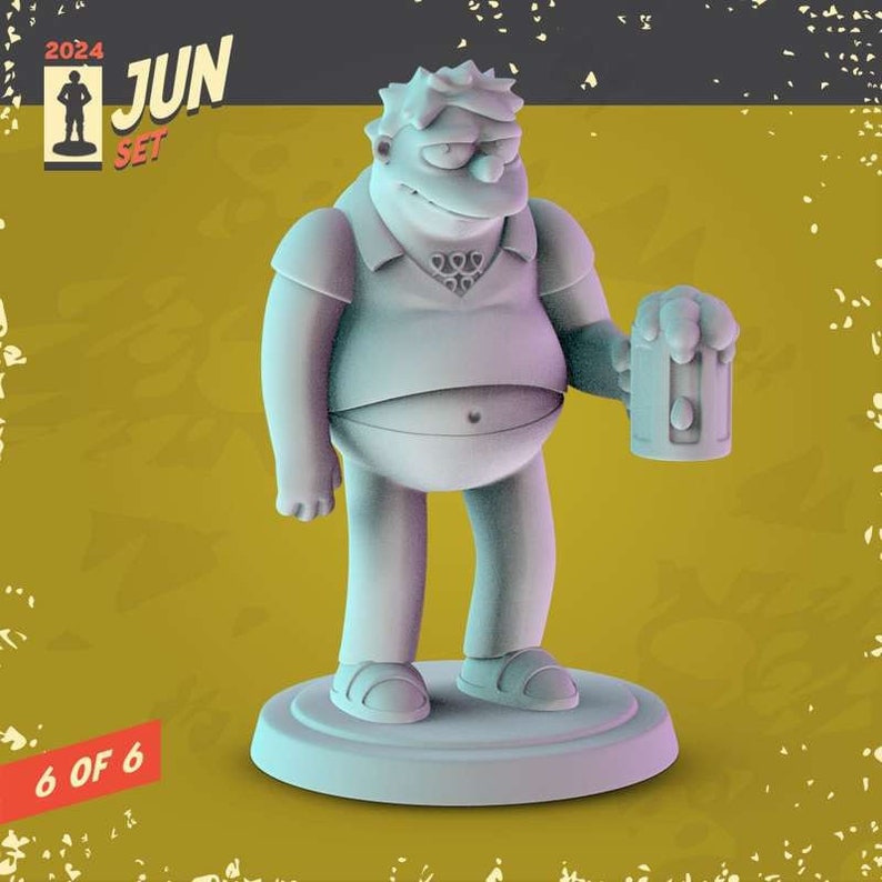 May include: A gray 3D printed figurine of a cartoon character holding a can. The character is wearing a shirt and pants. The figurine is standing on a round base. The text "2024 JUN SET" is in the background.