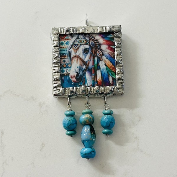 Horse, Horse Art, Native American Style, Soldered Pendant, Glass Pendant, Original Art, Handmade Necklace, Artisan Jewelry, Horse Jewelry