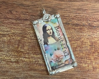 Mona Lisa, Mona, Pendant, Soldered Glass, Glass Pendant, Collage Art, Original Jewelry, Handmade Jewelry, Artisan, Soldered Pendants