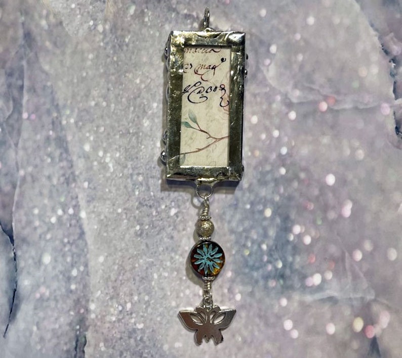 3 Butterflies Soldered Glass Pendant Charm Wearable Art Square Fantasy Jewelry Long Dangle Butterfly Artisan Jewelry Components