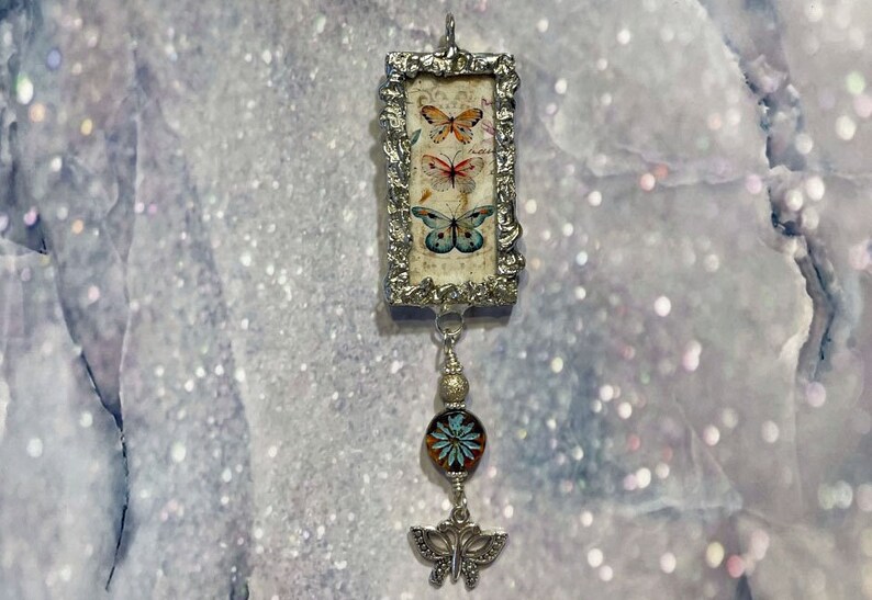 3 Butterflies Soldered Glass Pendant Charm Wearable Art Square Fantasy Jewelry Long Dangle Butterfly Artisan Jewelry Components