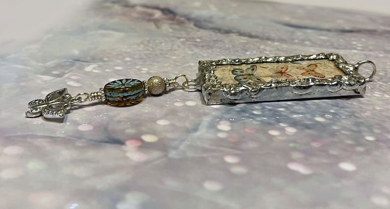 3 Butterflies Soldered Glass Pendant Charm Wearable Art Square Fantasy Jewelry Long Dangle Butterfly Artisan Jewelry Components