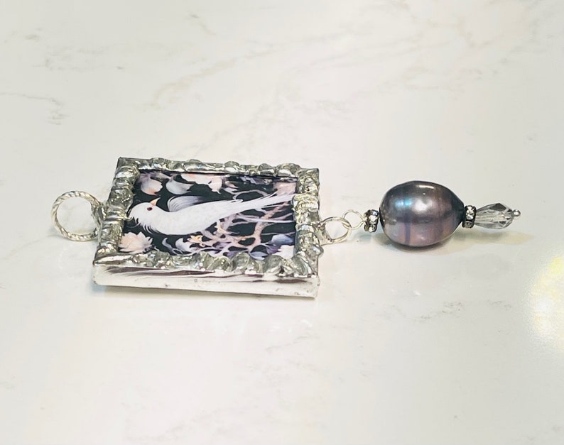 Birds, White Bird, Bird Jewelry, Soldered Pendant, Glass Pendant, Original Art, Fantasy Art, Handmade Necklace, Artisan Jewelry, Bird Art image 2