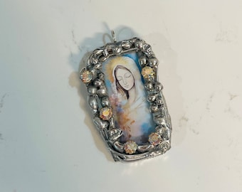 Holy Mother, Watercolor, Soldered Glass, Pendant, Soldered Pendant, Soldered Jewelry, Handmade Pendant, Glass Pendant, Religious Jewelry