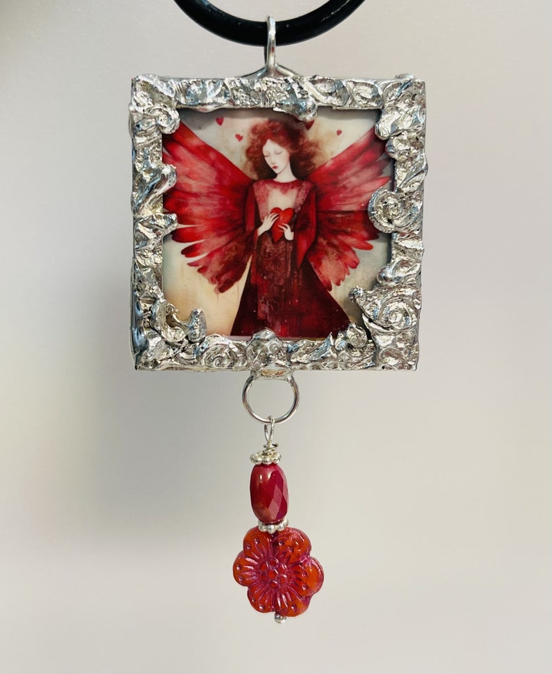 Valentine, Valentine Angel, Angel, Pendant, Soldered Glass, Glass Pendant, Hearts, Original Jewelry, Handmade Jewelry, Artisan, Soldered image 1