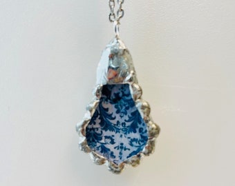 Soldered Pendant, Soldered Necklace, Blue and White, Floral, Soldered Crystal, Soldered Charm, Pendants, Handmade Pendant, Blue Porcelain