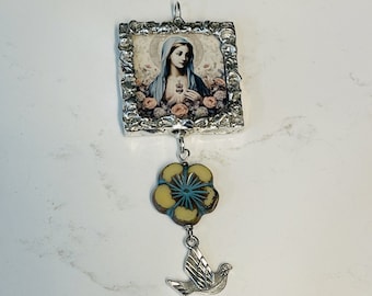 Holy Mother, Soldered Pendant, Mary, Virgin Mary, Glass Pendant, Original Art, Religious Art, Handmade Necklace, Artisan Jewelry, Christian