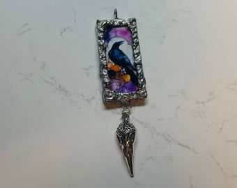 Raven, Raven Pendant, Raven Necklace, Soldered Pendant, Soldered Glass, Textured Solder, Artisan Jewelry, Halloween Jewelry, Raven Images