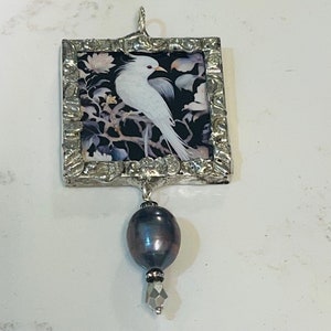 Birds, White Bird, Bird Jewelry, Soldered Pendant, Glass Pendant, Original Art, Fantasy Art, Handmade Necklace, Artisan Jewelry, Bird Art image 1