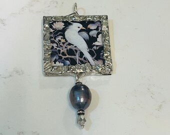 Birds, White Bird, Bird Jewelry, Soldered Pendant, Glass Pendant, Original Art, Fantasy Art, Handmade Necklace, Artisan Jewelry, Bird Art