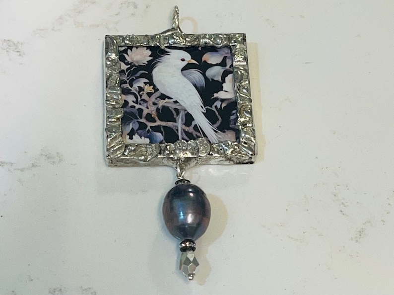 Birds, White Bird, Bird Jewelry, Soldered Pendant, Glass Pendant, Original Art, Fantasy Art, Handmade Necklace, Artisan Jewelry, Bird Art image 1