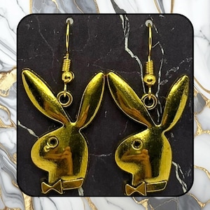 Handmade Gold Playboy Bunny Drop Earrings | Hypoallergenic Statement Earrings | Y2K Baddie Jewellery | 2000&#39;s Fashion | Gift for Her