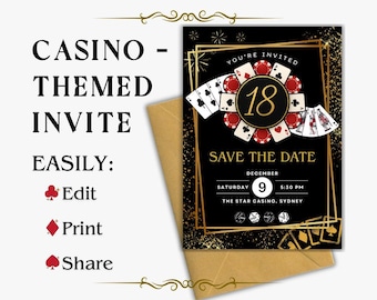 May include: A casino-themed invitation with a black background, gold accents, and playing card illustrations. The invitation includes the text "You're Invited" and "Save the Date" with the date and time. The invitation is for an 18th birthday party.