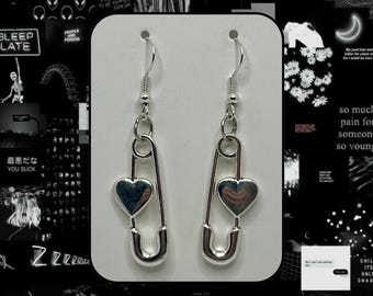 Handmade Silver Safety Pin Earrings – Heart Drop, Grunge Jewellery